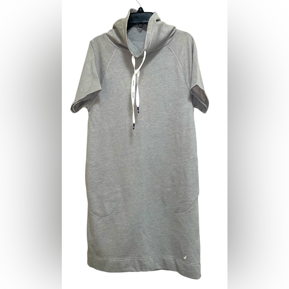 NÁUTICA SHIRT MIDI DRESS DRAWSTRING GRAY COLOR SHORT SLEEVES TURTLENECK SIZE S